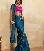 teal bule metallic velvet satin saree with cutdana, beads & zari work in emerald teal