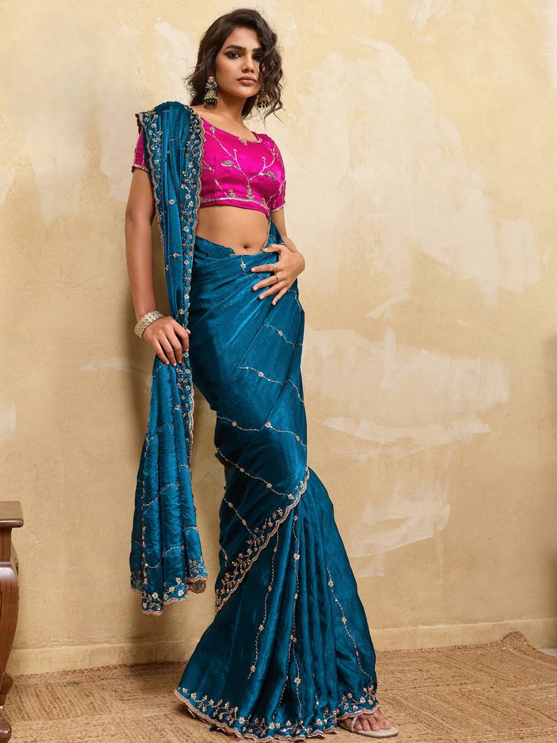 teal bule metallic velvet satin saree with cutdana, beads & zari work in emerald teal