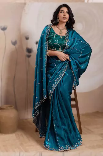 teal bule metallic velvet satin saree with cutdana, beads & zari work in emerald teal