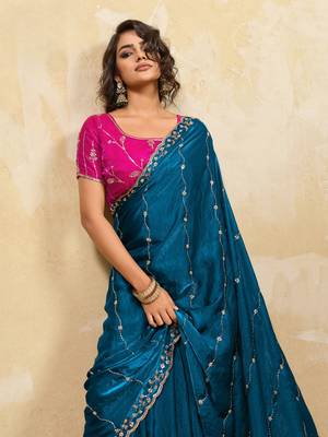 teal bule metallic velvet satin saree with cutdana beads & zari work in emerald teal 4
