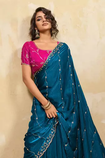 teal bule metallic velvet satin saree with cutdana beads & zari work in emerald teal