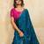 teal bule metallic velvet satin saree with cutdana, beads & zari work in emerald teal