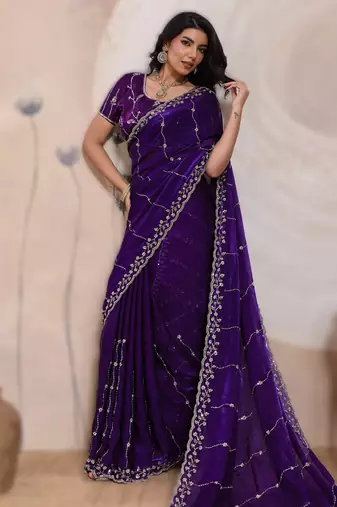 dark purple metallic velvet satin saree with cutdana, beads & zari work in emerald teal