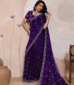 dark purple metallic velvet satin saree with cutdana, beads & zari work in emerald teal