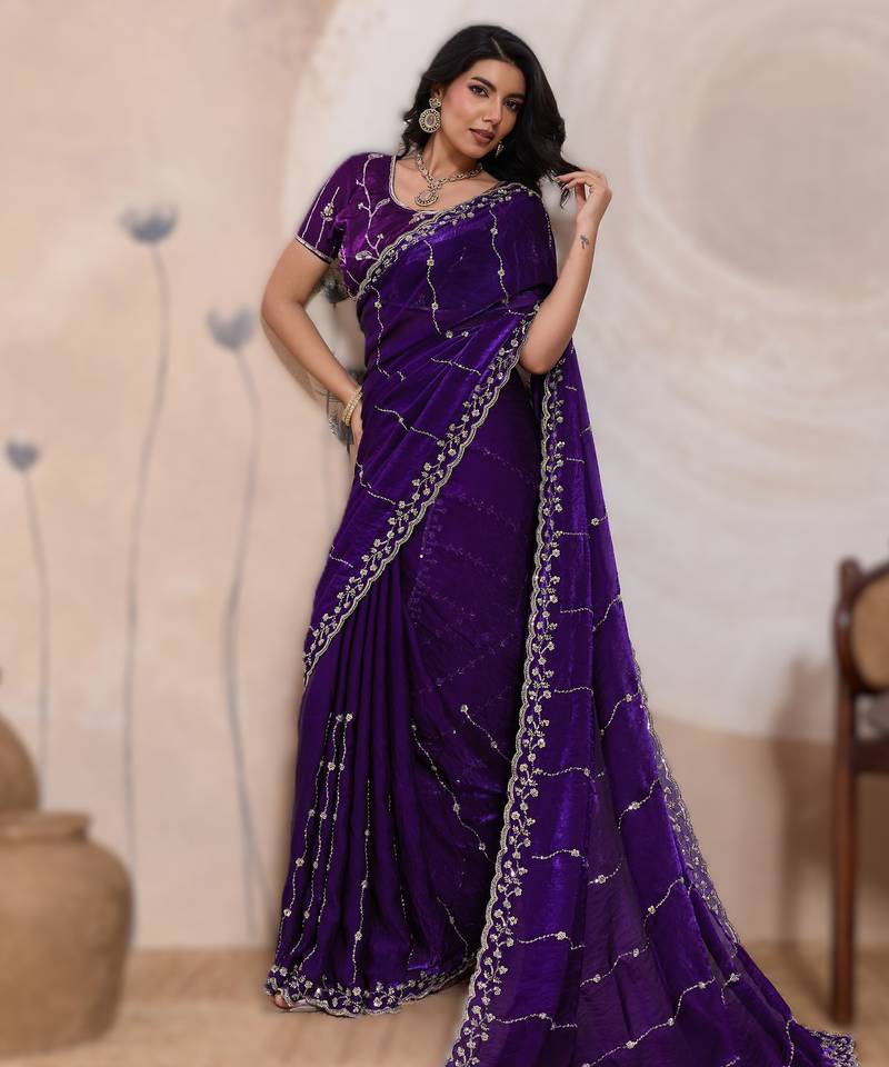 dark purple metallic velvet satin saree with cutdana, beads & zari work in emerald teal