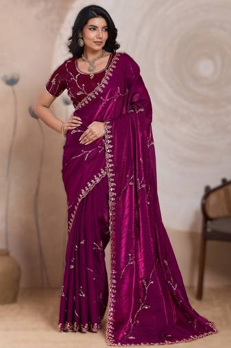 wine metallic velvet satin saree with cutdana, beads & zari work in emerald teal