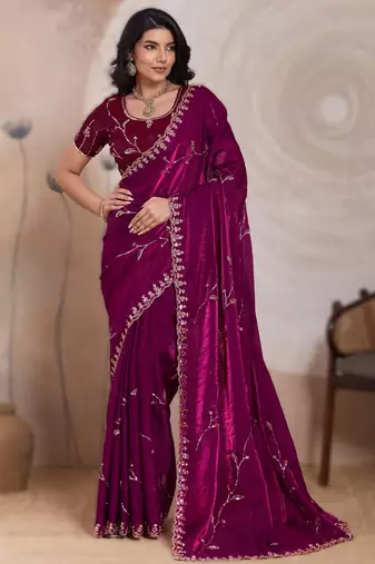 wine metallic velvet satin saree with cutdana, beads & zari work in emerald teal