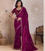 wine metallic velvet satin saree with cutdana, beads & zari work in emerald teal