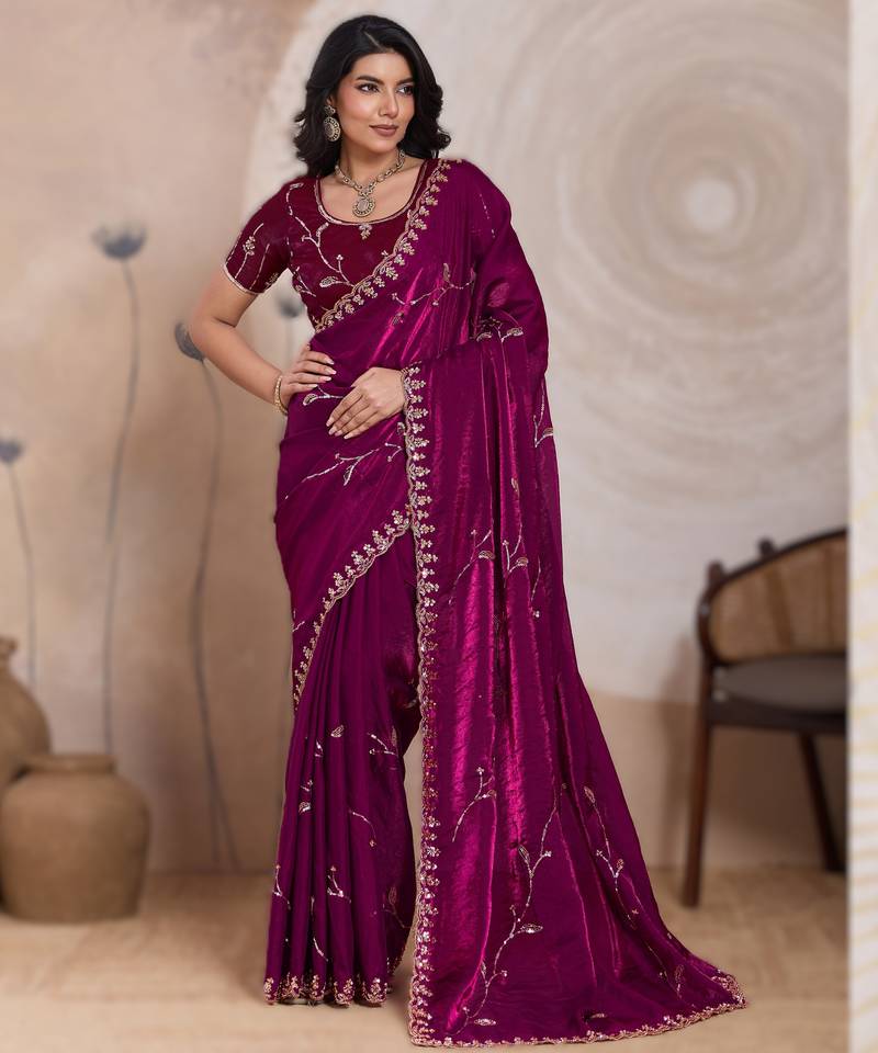 wine metallic velvet satin saree with cutdana, beads & zari work in emerald teal