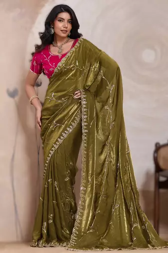 mehendi metallic velvet satin saree with cutdana, beads & zari work in emerald teal