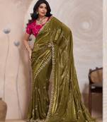 mehendi metallic velvet satin saree with cutdana, beads & zari work in emerald teal