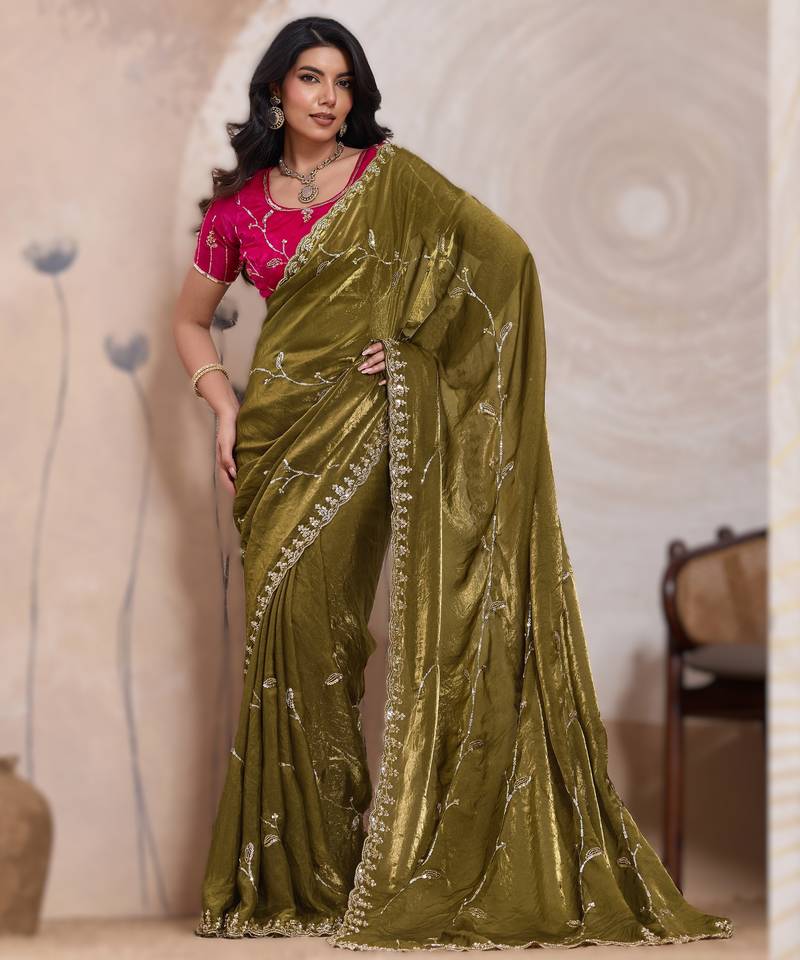 mehendi metallic velvet satin saree with cutdana, beads & zari work in emerald teal