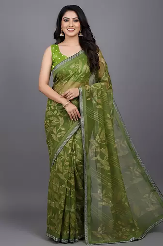 Green embroidered georgette saree