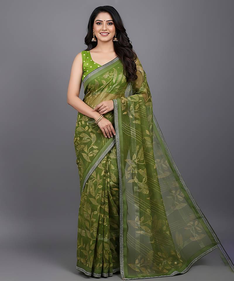 Green embroidered georgette saree