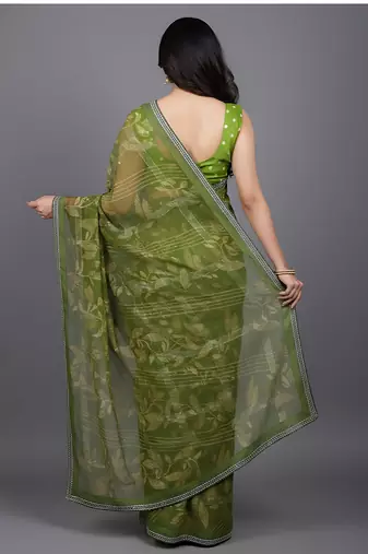 Green embroidered georgette saree