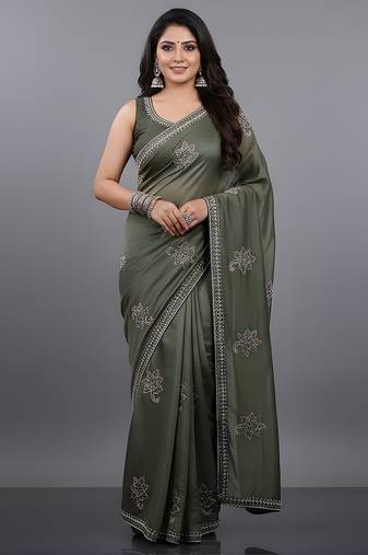 Green embroidered viscose saree
