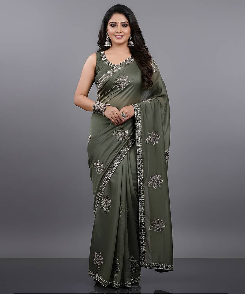 Green embroidered viscose saree