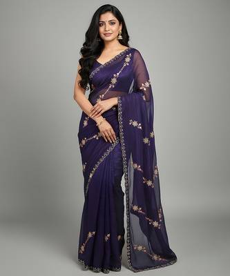 Purple embroidered silk satin saree 1