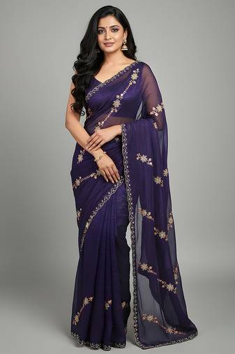Purple embroidered silk satin saree