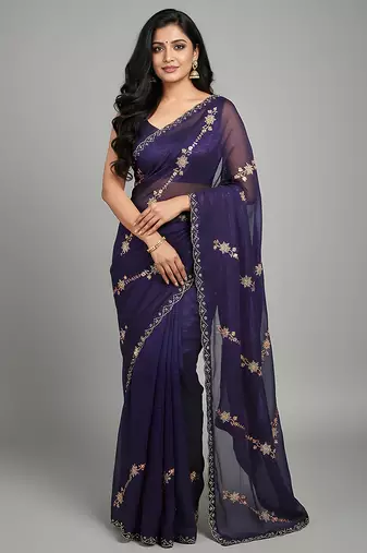 Purple embroidered silk satin saree