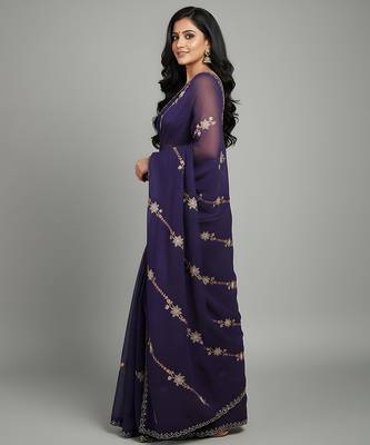 Purple embroidered silk satin saree 2