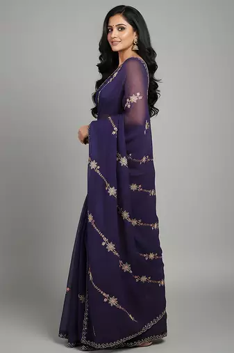 Purple embroidered silk satin saree