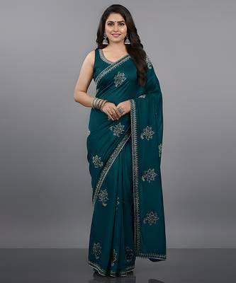 Blue embroidered viscose saree 1