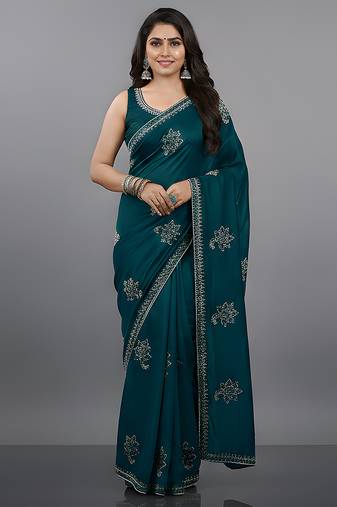 Blue embroidered viscose saree