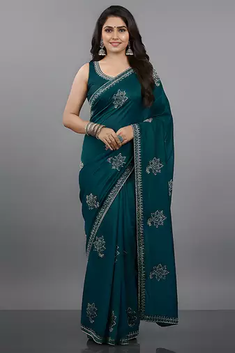 Blue embroidered viscose saree