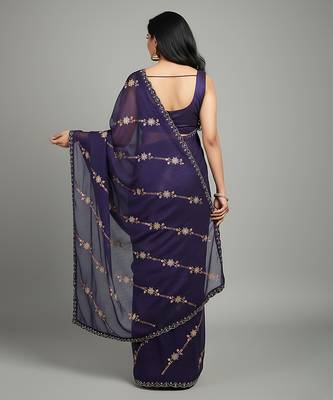 Purple embroidered silk satin saree 3