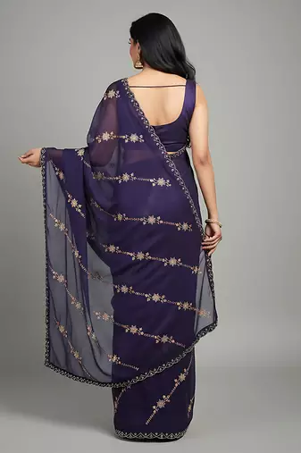 Purple embroidered silk satin saree