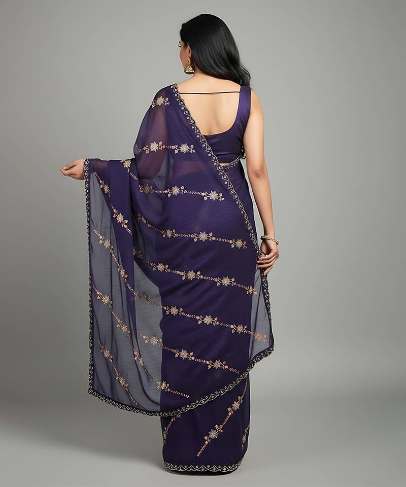 Purple embroidered silk satin saree