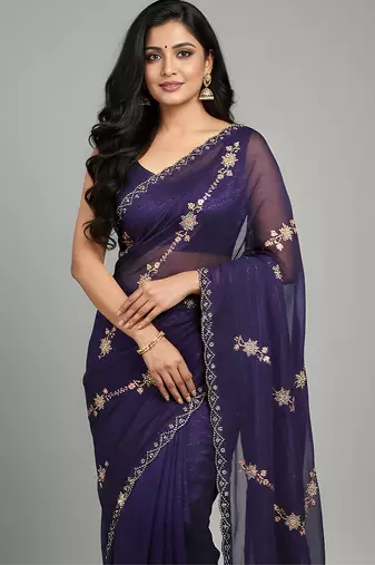 Purple embroidered silk satin saree