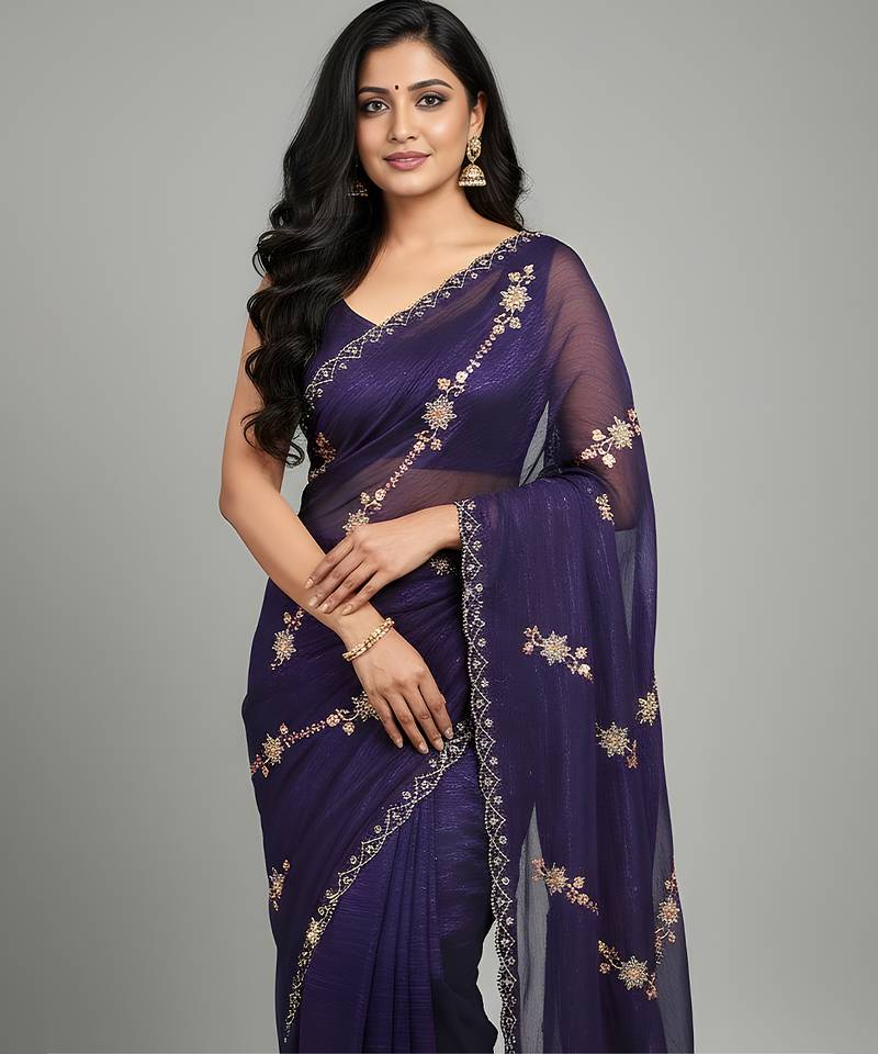 Purple embroidered silk satin saree