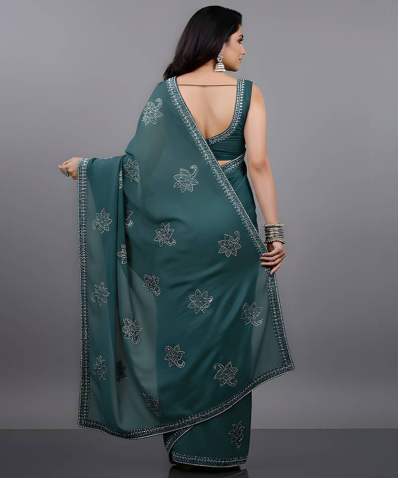 Blue embroidered viscose saree