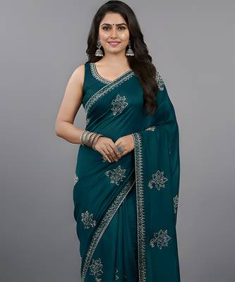 Blue embroidered viscose saree 4