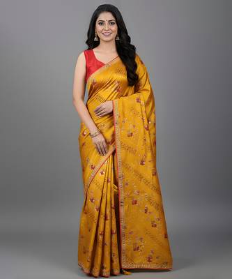 Yellow embroidered satin saree 1