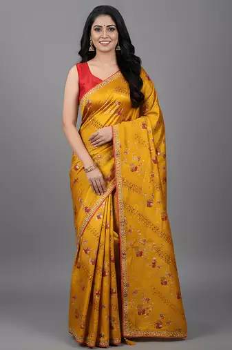 Yellow embroidered satin saree