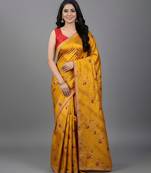 Yellow embroidered satin saree