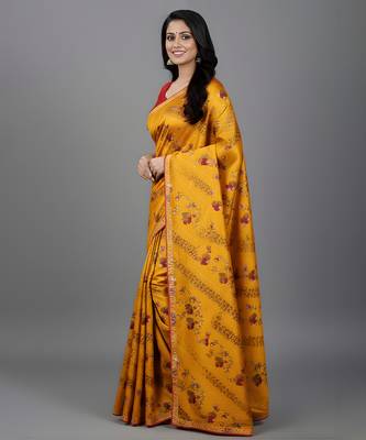 Yellow embroidered satin saree 2