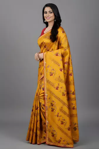 Yellow embroidered satin saree
