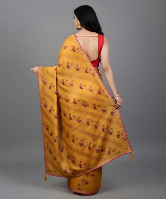 Yellow embroidered satin saree 3