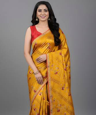 Yellow embroidered satin saree 4