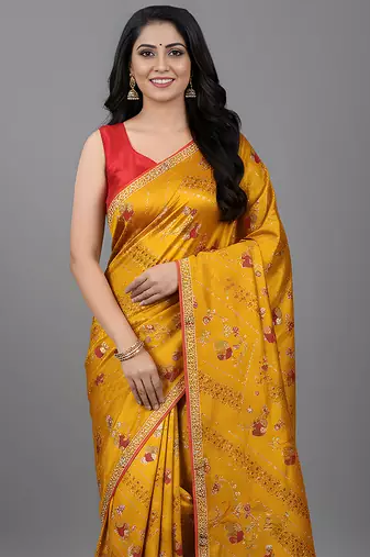 Yellow embroidered satin saree