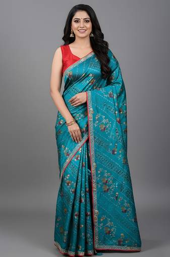 Blue embroidered satin saree
