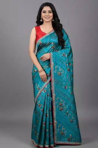 Blue embroidered satin saree