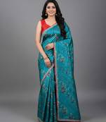 Blue embroidered satin saree