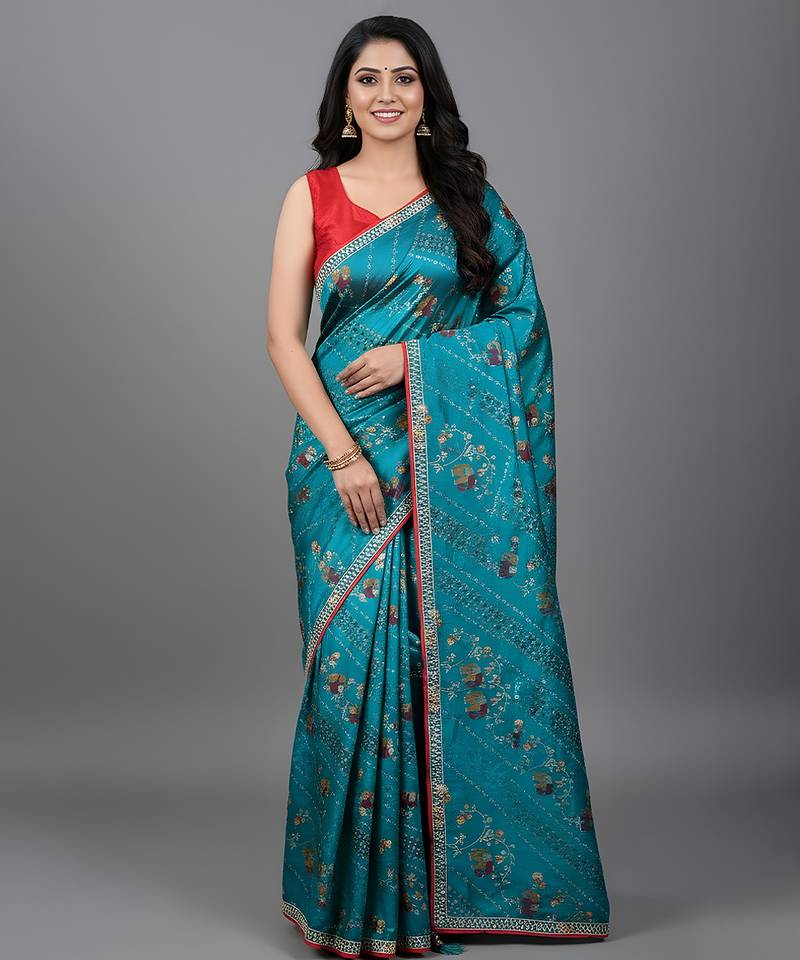 Blue embroidered satin saree