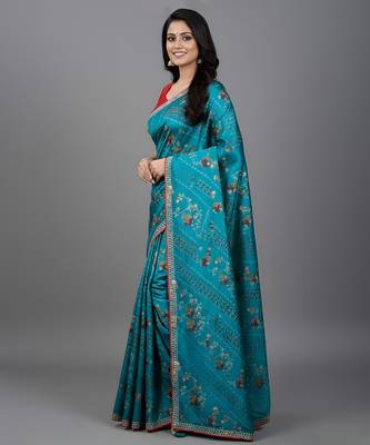 Blue embroidered satin saree 2