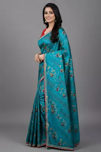 Blue embroidered satin saree